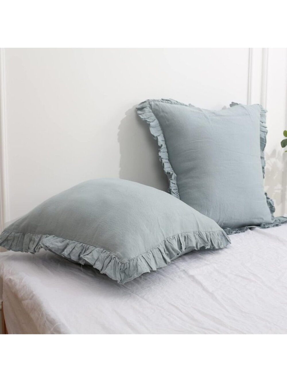 Linen Euro Sham Covers Set of 2, Ruffle 26x26 Inch Pillow Shams, Dusty Blue